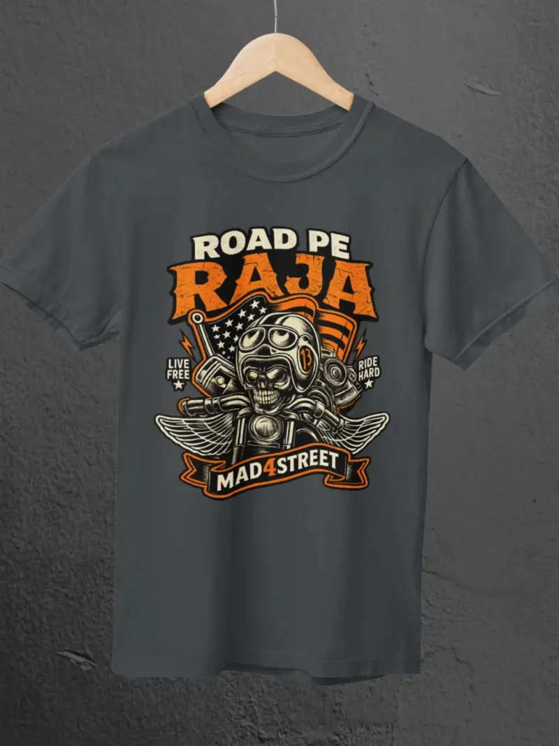 Road Pe Raja Steel Grey Classic Tee on a hanger