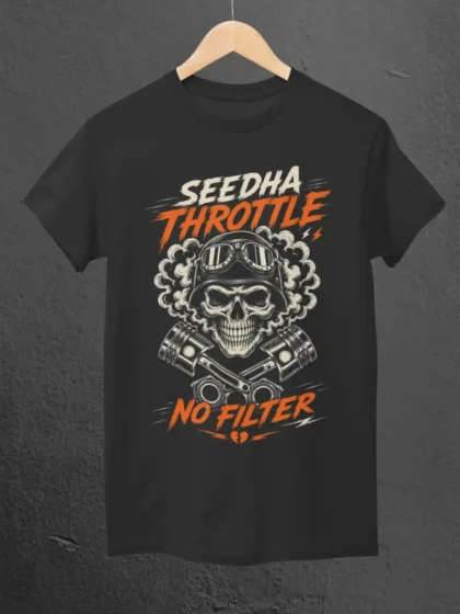Seedha Throttle No Filter Black Classic Tee on a Hanger