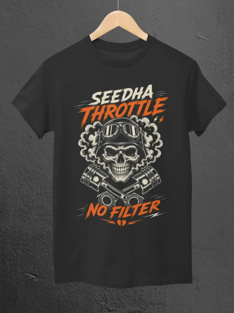 Seedha Throttle No Filter Black Classic Tee on a Hanger