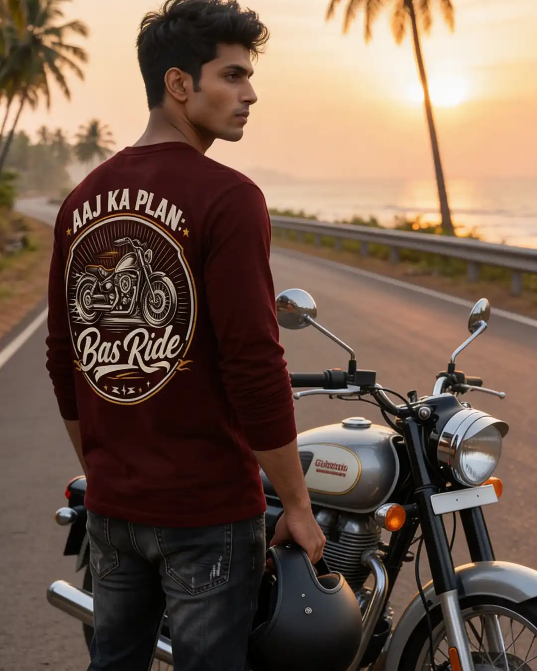 Sunset Ride Shot of a man in Aaj Ka Plan Bas Ride Maroon Full Sleeve Tee Sunset Ride Shot of a man in Aaj Ka Plan Bas Ride Maroon Full Sleeve Tee