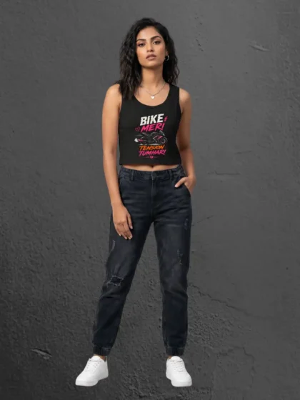 Woman posing in Bike Meri Tension Tumhari Black Crop Tank