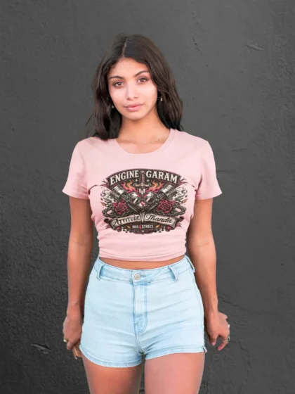 Woman posing in Engine Garam Attitude Thanda Light Pink Baby Tee