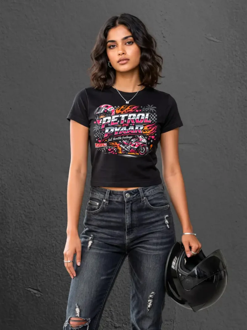 Woman posing in Petrol Pe Pyaar Black Female Baby Tee