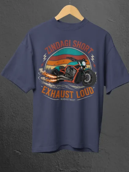 Zindagi Short Exhaust Loud Navy Blue Oversized Tee on a Hanger
