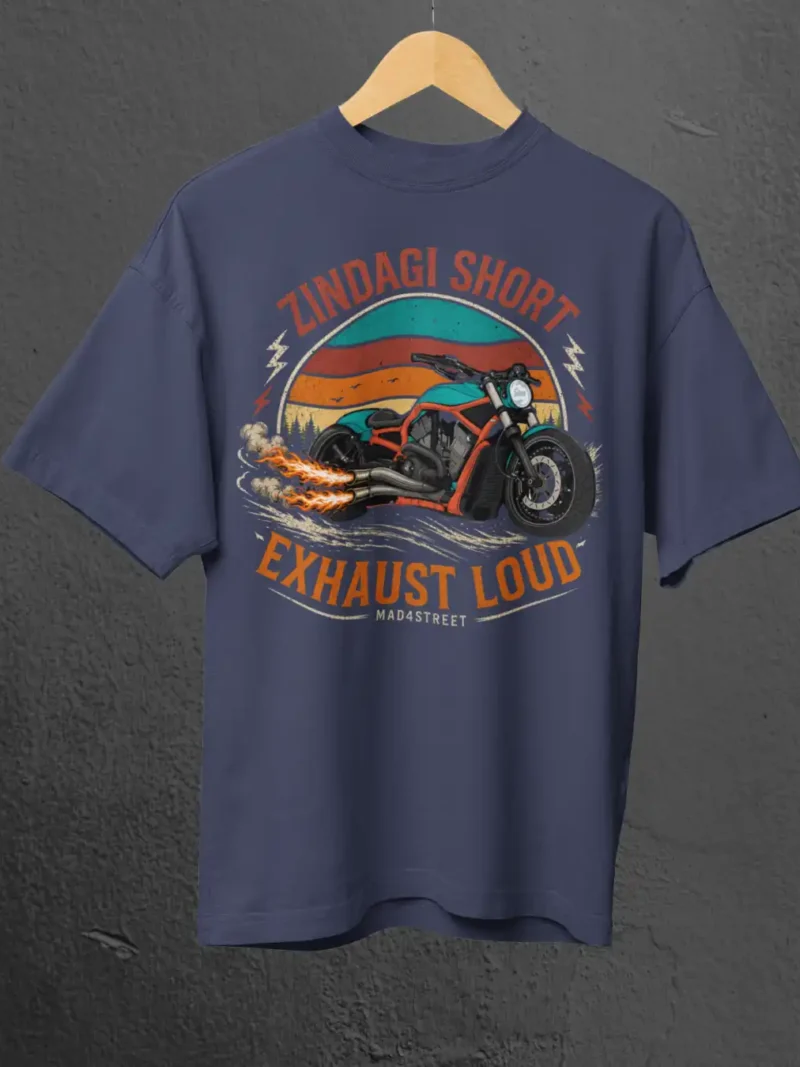 Zindagi Short Exhaust Loud Navy Blue Oversized Tee on a Hanger