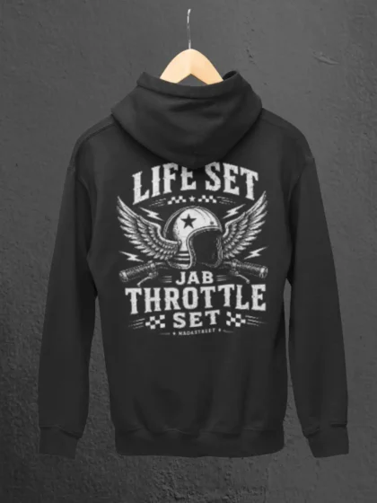 Back shot of Life Set Jab Throttle Set Black Zip Hoodie on a hanger