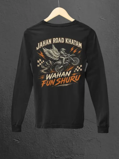 Back view of Jahan road khatam Black Full Sleeve Tee on an hanger
