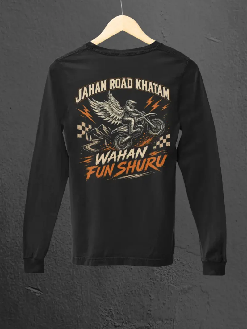 Back view of Jahan road khatam Black Full Sleeve Tee on an hanger