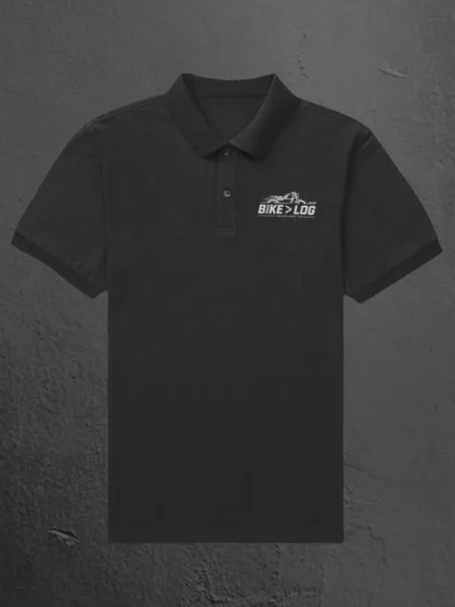 Flat Lay of Bike Fir Log Black Polo