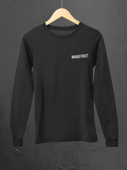 Front view of Jahan road khatam Black Full Sleeve Tee on an hanger