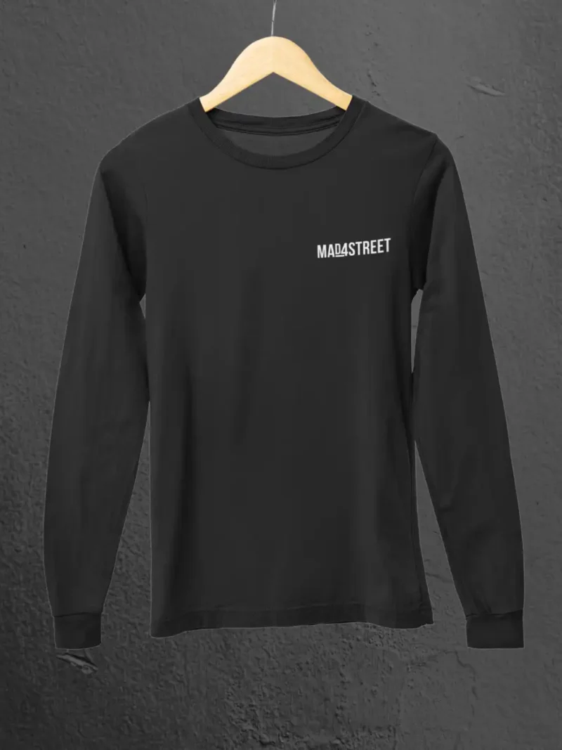 Front view of Jahan road khatam Black Full Sleeve Tee on an hanger