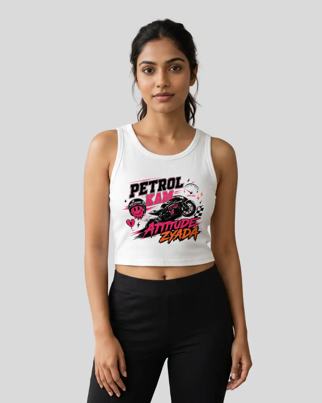 Front view of Woman posing in Petrol Kam Attitude Zyada White Crop Tank in a studio Front view of Woman posing in Petrol Kam Attitude Zyada White Crop Tank in a studio