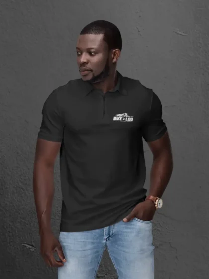 Man posing in Bike Fir Log Black Polo