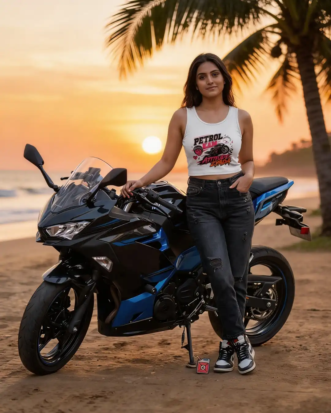Sunset Ride Lifestyle Shot of a Model in Petrol Kam Attitude Zyada White Crop Tank Sunset Ride Lifestyle Shot of a Model in Petrol Kam Attitude Zyada White Crop Tank