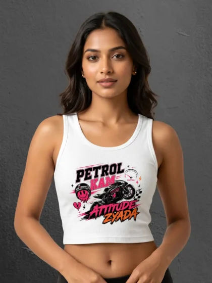 Woman posing in Petrol Kam Attitude Zyada White Crop Tank