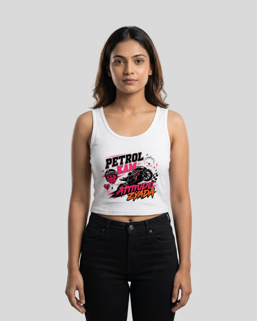 Woman posing in Petrol Kam Attitude Zyada White Crop Tank in a studio Woman posing in Petrol Kam Attitude Zyada White Crop Tank in a studio