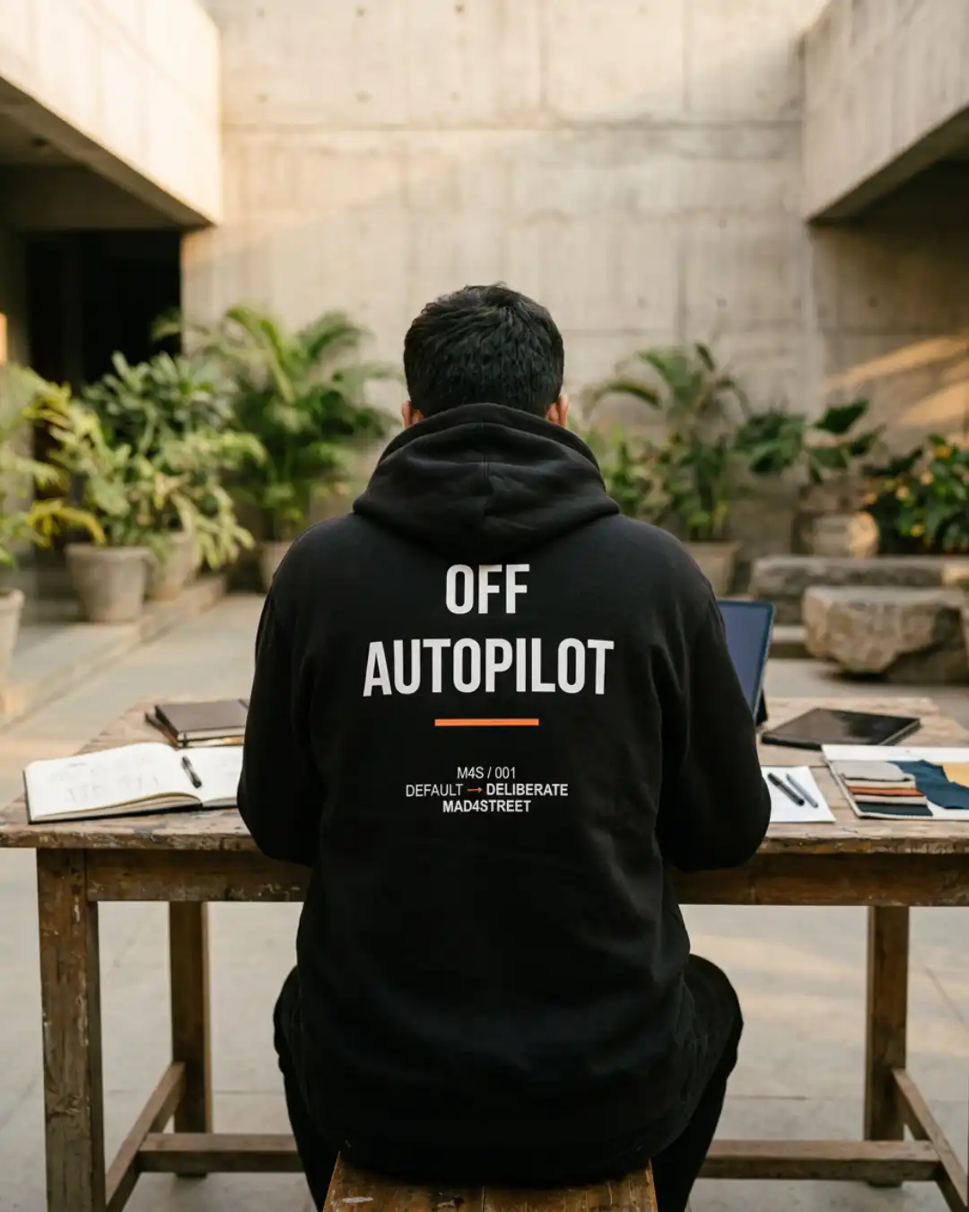 Off Autopilot Hoodie – Build – Studio Person wearing the Off Autopilot Hoodie while working at a creative workspace