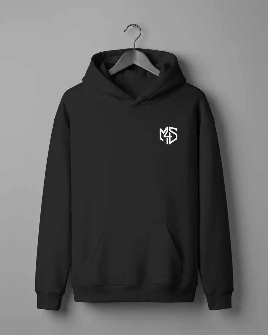 Off Autopilot Hoodie – Front Front view of the black Off Autopilot Hoodie showing the M4S Symbol and kangaroo pocket