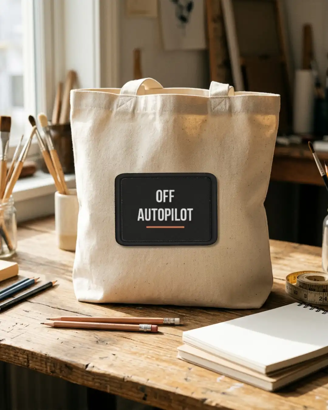 Off Autopilot Patch – Build – Canvas Tote Off Autopilot patch applied to a canvas tote bag in a creative workspace