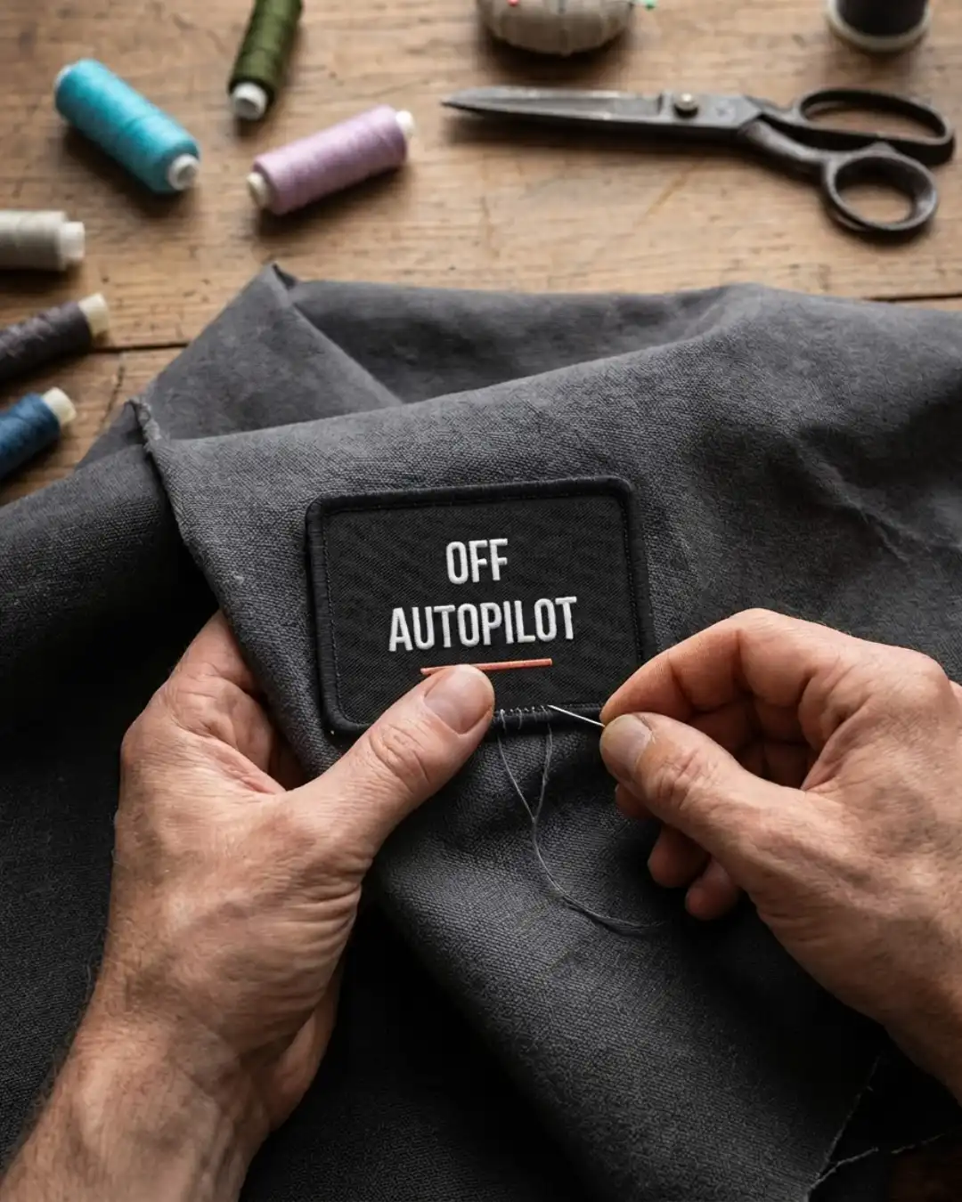 Off Autopilot Patch – Build – Hand Stitching Hands sewing the Off Autopilot patch onto a garment with needle and thread