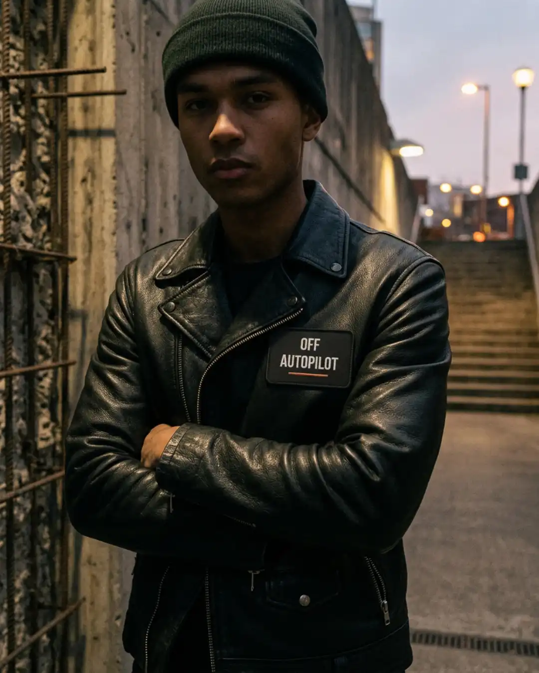 Off Autopilot Patch – Ride – Motorcycle Jacket Person wearing a motorcycle jacket with the Off Autopilot patch attached to the chest