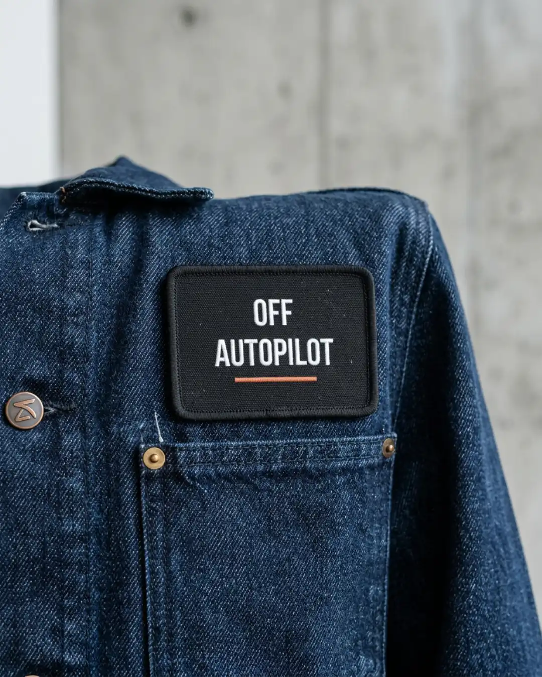 Off Autopilot Patch – Wear – Denim Jacket Detail Off Autopilot embroidered patch applied to the pocket of a blue denim jacket