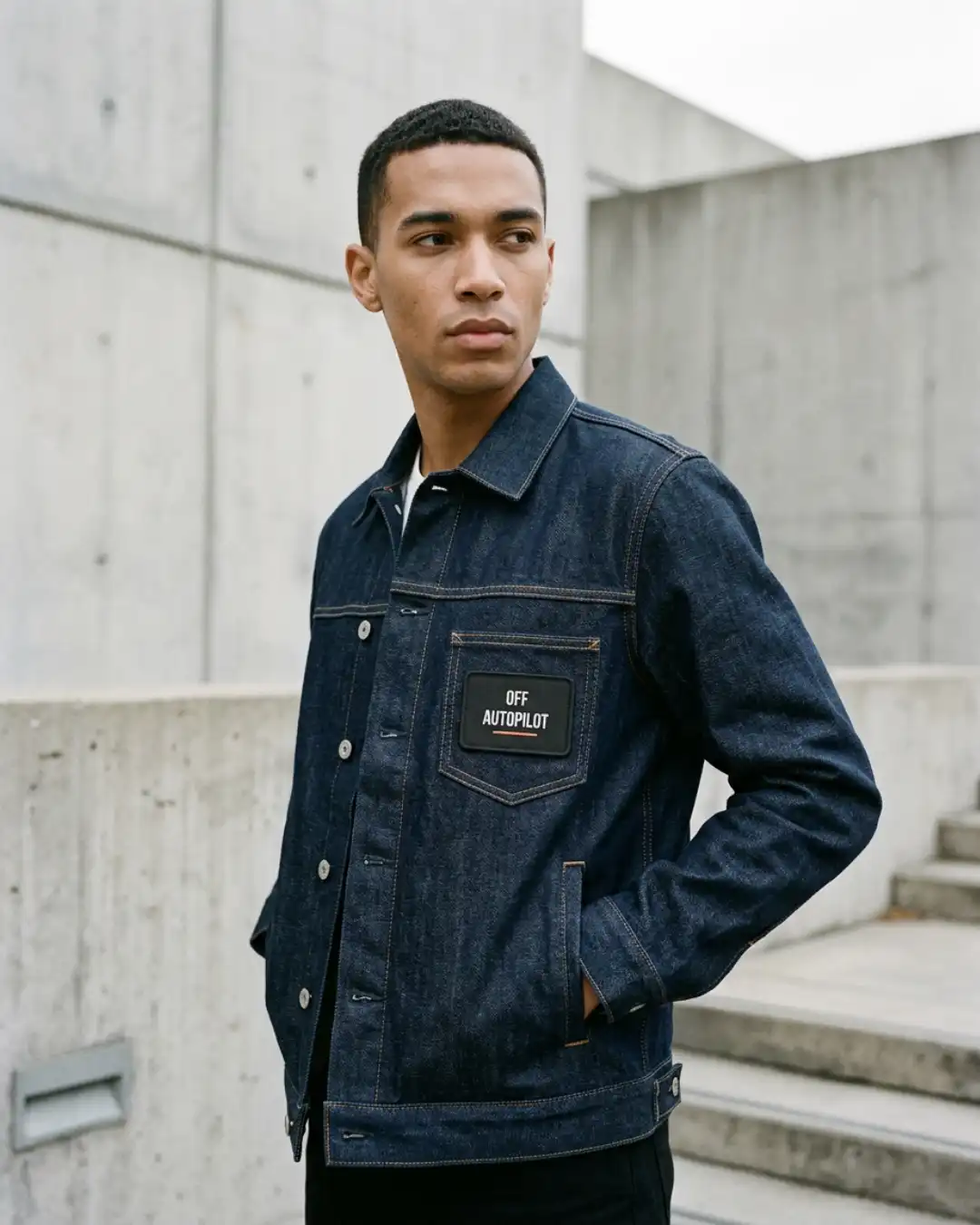Off Autopilot Patch – Wear – Denim Jacket Man wearing a denim jacket with the Off Autopilot patch attached to the chest