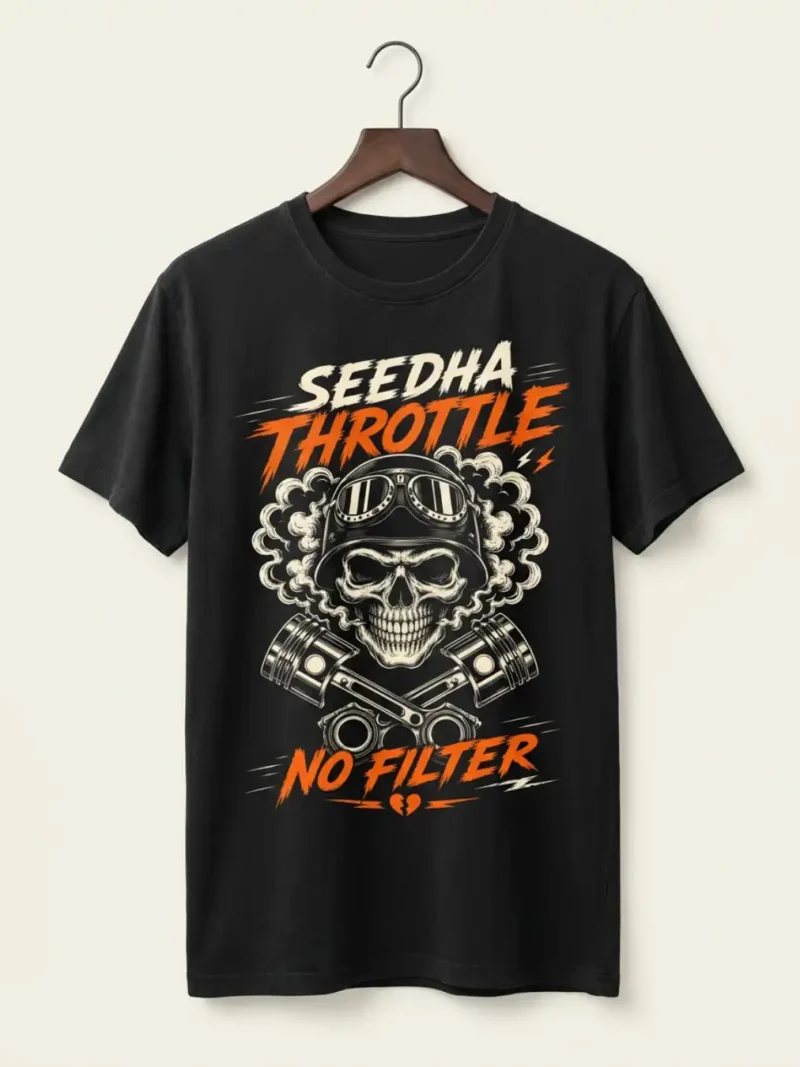 Front view of the black Seedha Throttle No Filter Classic Tee with skull, piston and Seedha Throttle No Filter graphic