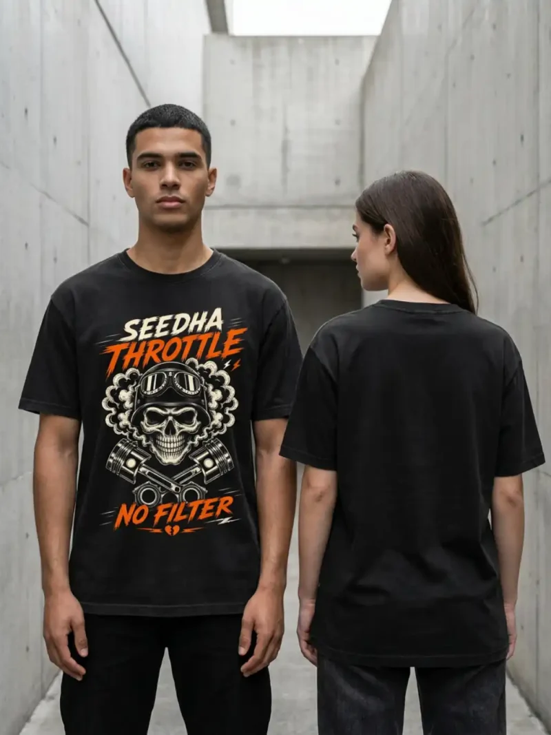Male and female models showing the front and back of the black Seedha Throttle No Filter Classic Tee