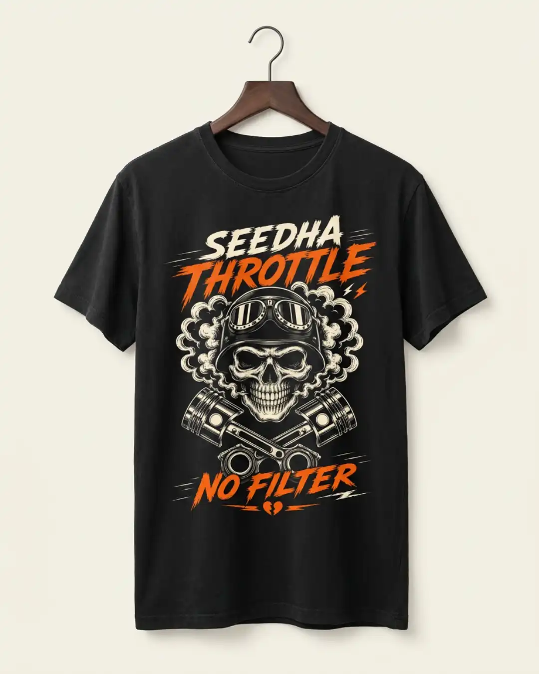 Seedha Throttle No Filter Classic Tee — Front Front view of the black Seedha Throttle No Filter Classic Tee with skull, piston and Seedha Throttle No Filter graphic