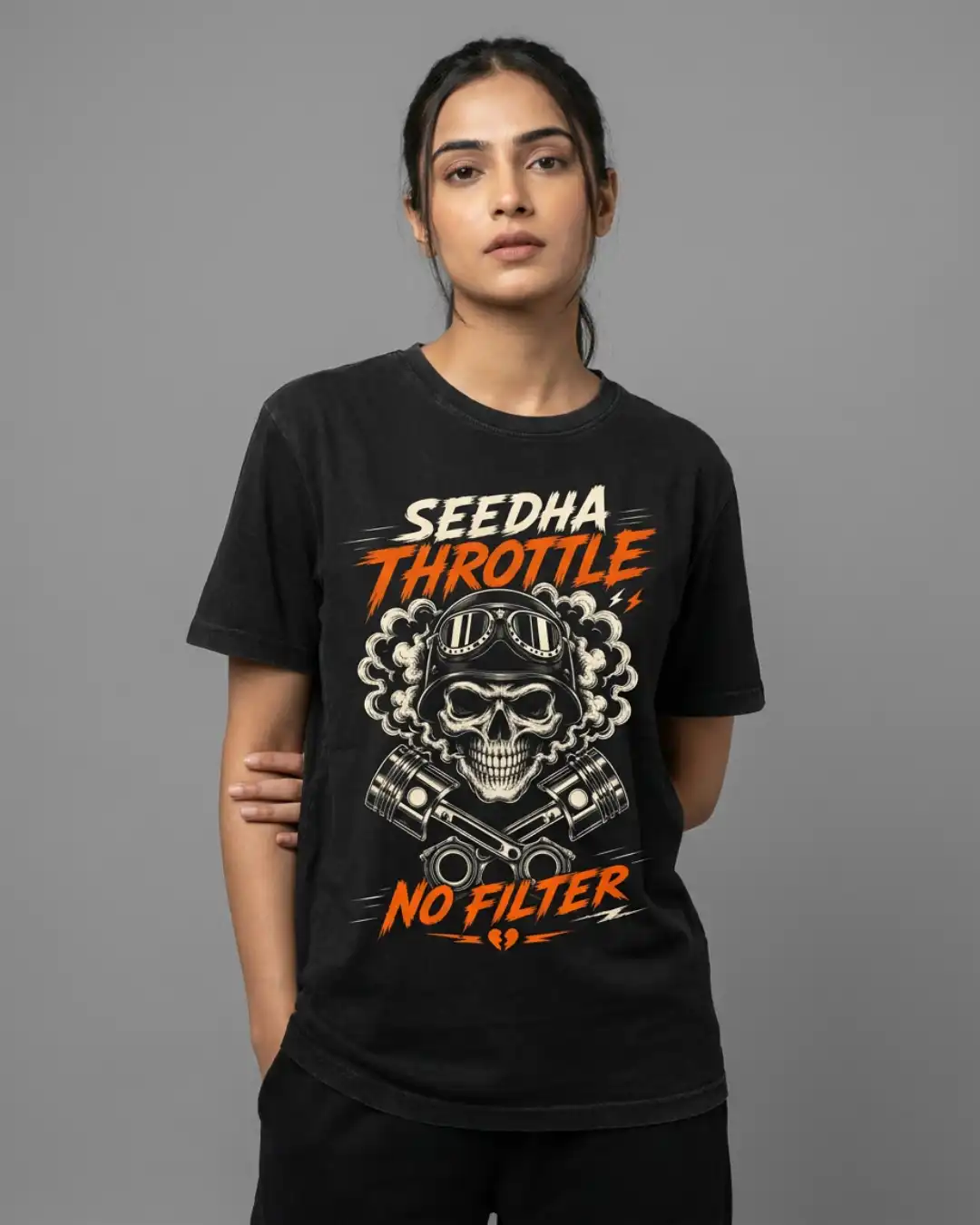 Seedha Throttle No Filter — Female Fit Female model wearing the black Seedha Throttle No Filter Classic Tee with the front biker graphic