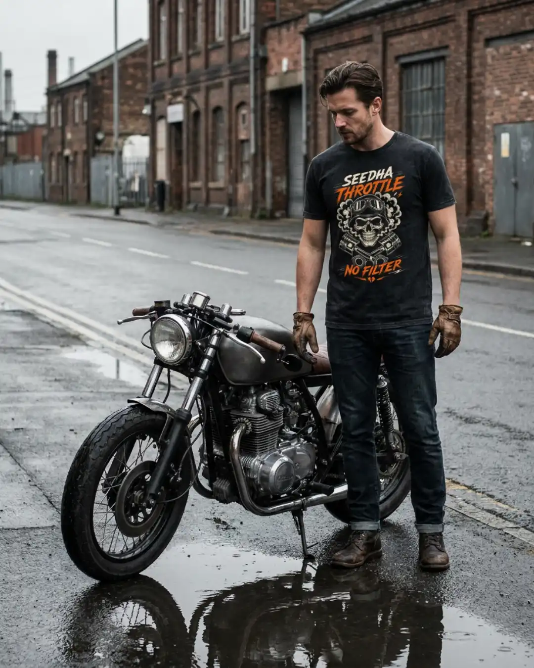Seedha Throttle No Filter — Made for the Ride Man wearing the black Seedha Throttle No Filter Classic Tee standing beside a motorcycle on a wet urban street