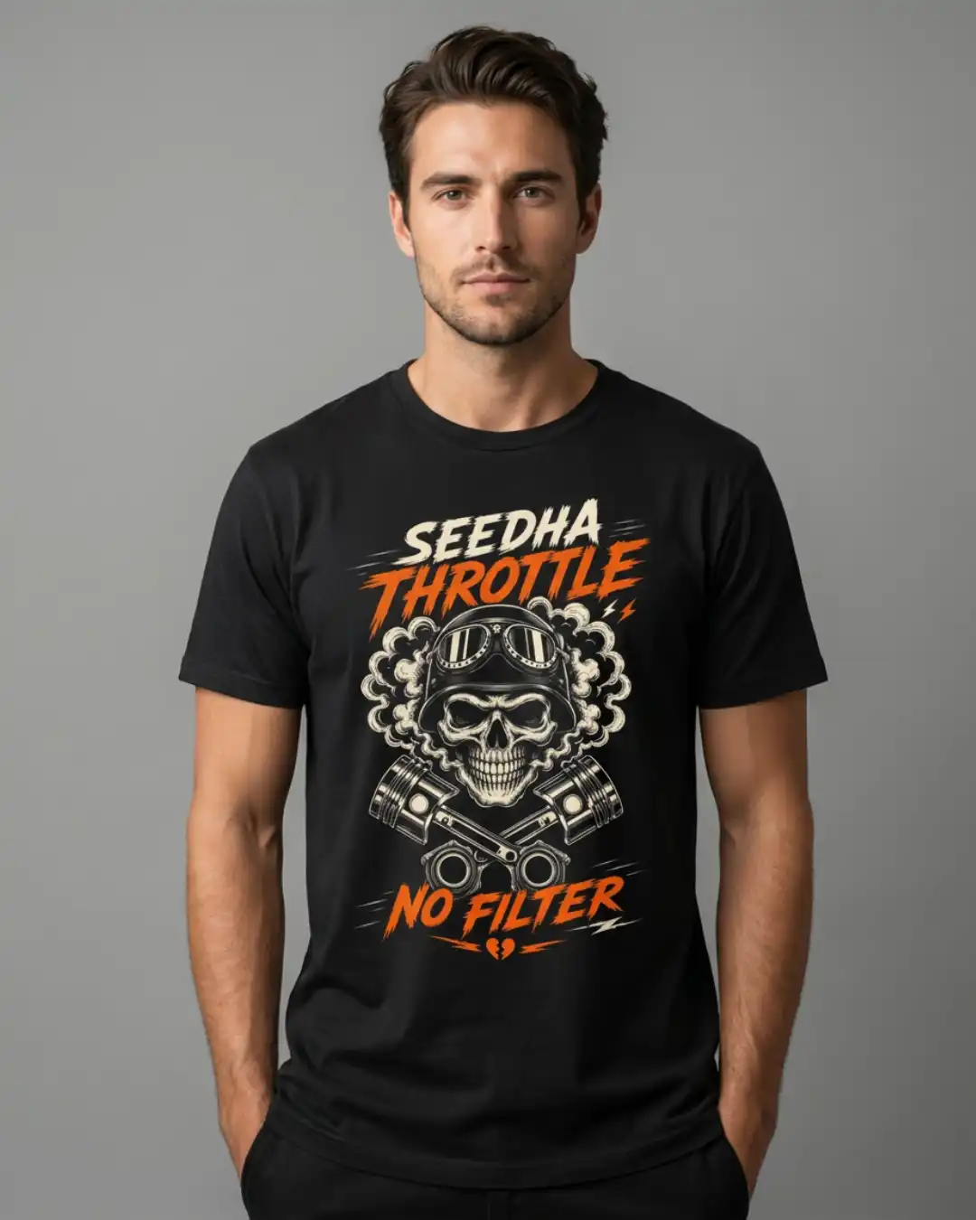 Seedha Throttle No Filter — Male Fit Male model wearing the black Seedha Throttle No Filter Classic Tee with the front biker graphic