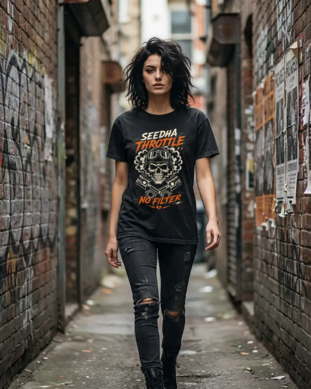 Seedha Throttle No Filter — No Filter Woman wearing the black Seedha Throttle No Filter Classic Tee walking through an urban street