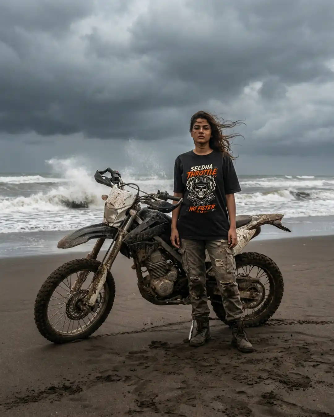 Seedha Throttle No Filter — Ride Free Woman wearing the black Seedha Throttle No Filter Classic Tee beside a motorcycle on a beach