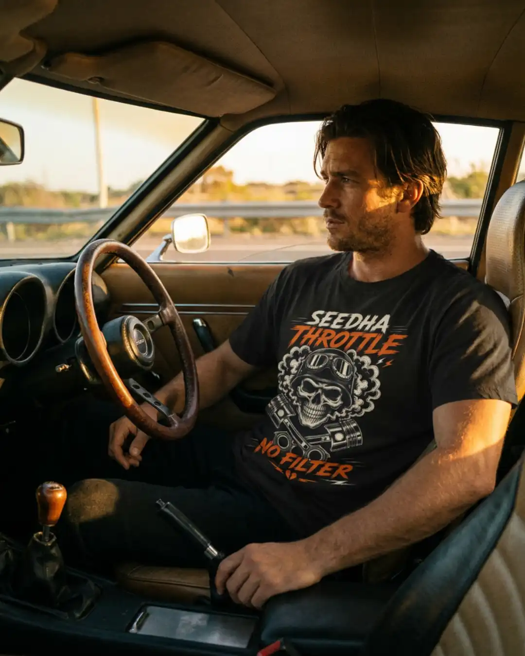 Seedha Throttle No Filter — Ride Your Way Man wearing the black Seedha Throttle No Filter Classic Tee while driving a classic car
