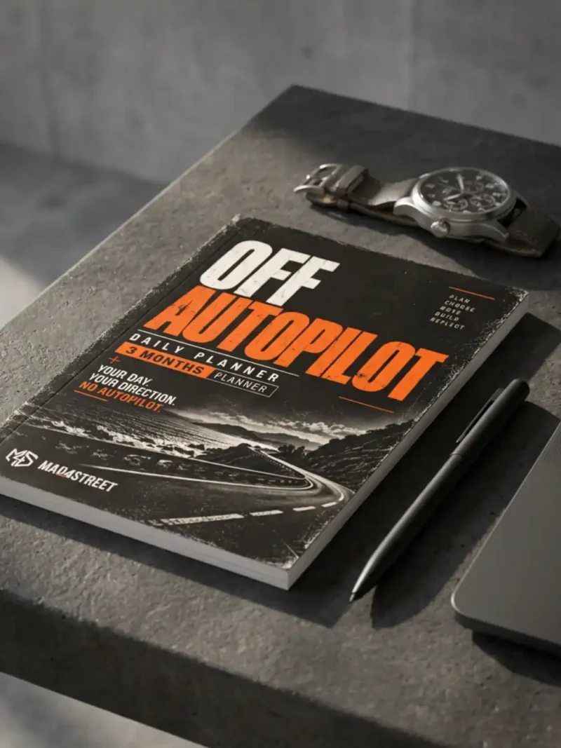 Mad4street Off Autopilot 3-month daily planner on a desk with a watch and pen