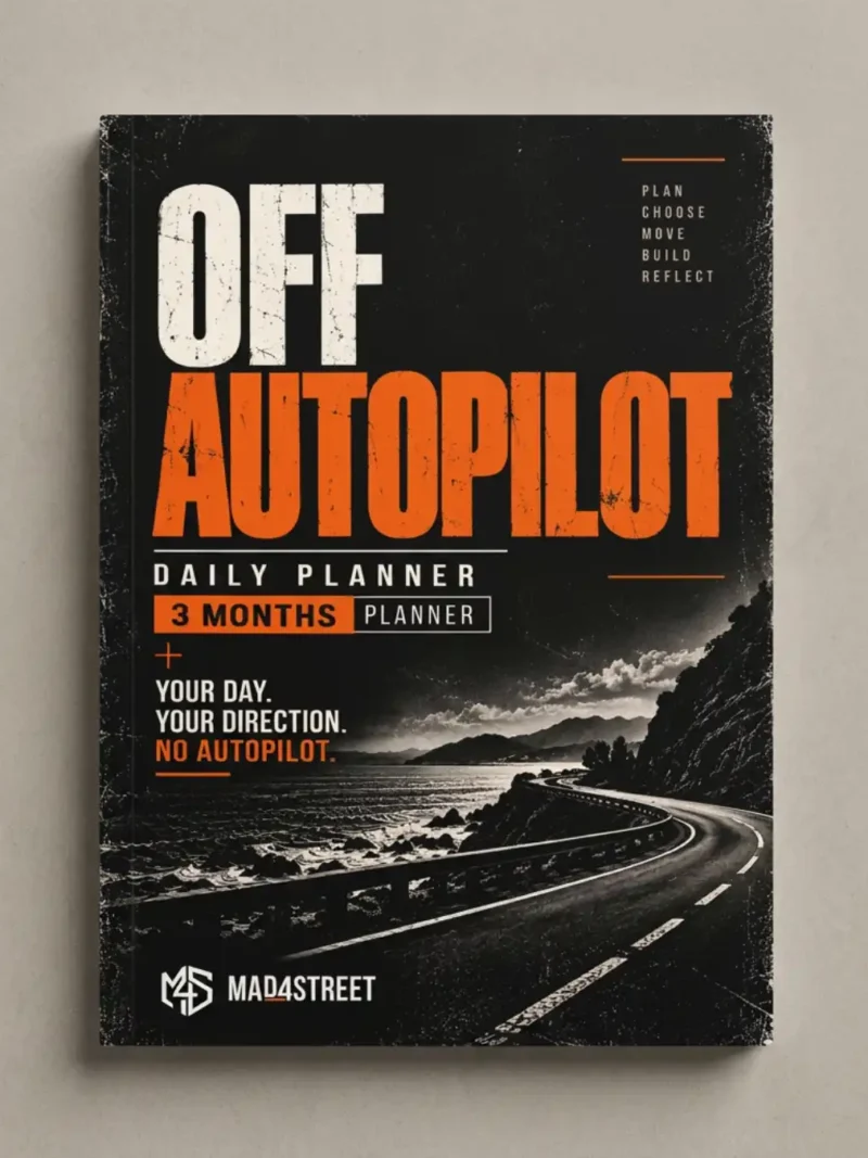 Front cover of the Mad4street Off Autopilot 3-month daily planner featuring distressed typography, coastal road artwork and Mad4street branding