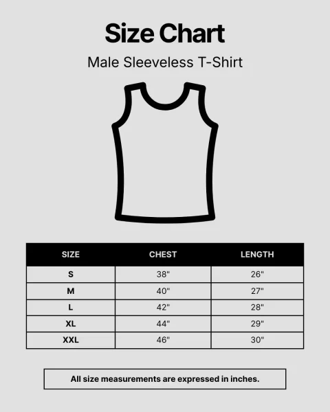 Male Sleeveless T-Shirt Size Chart