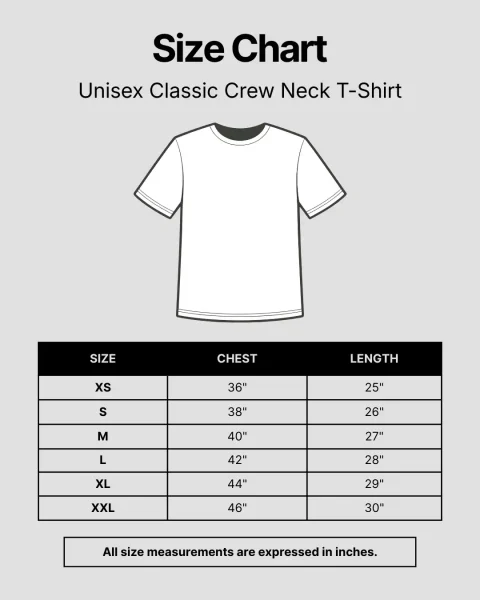 Unisex Classic Crew Neck T-Shirt Size Chart