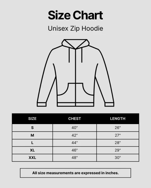 Unisex Zip Hoodie Size Chart