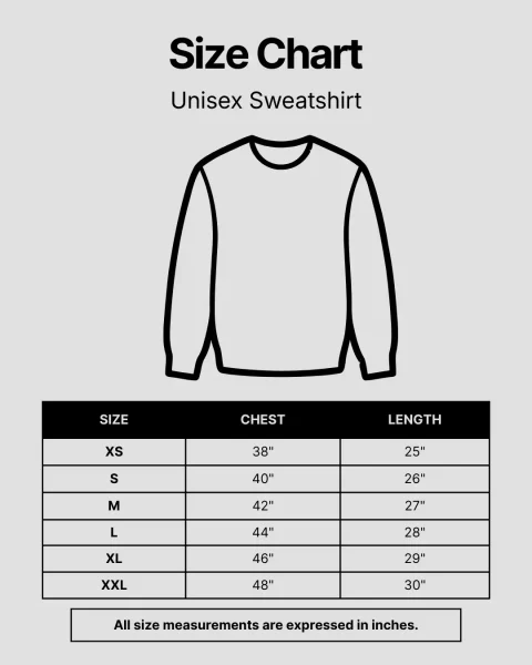 Unisex sweatshirt size chart