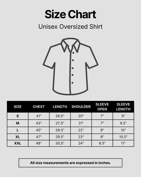 unisex oversized shirt size chart