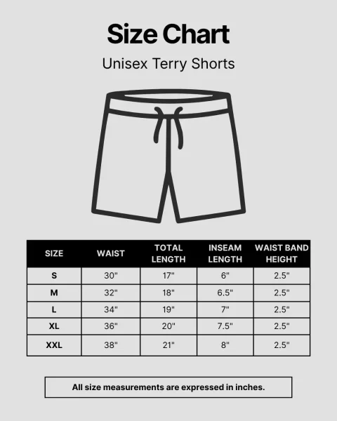 unisex terry shorts size chart